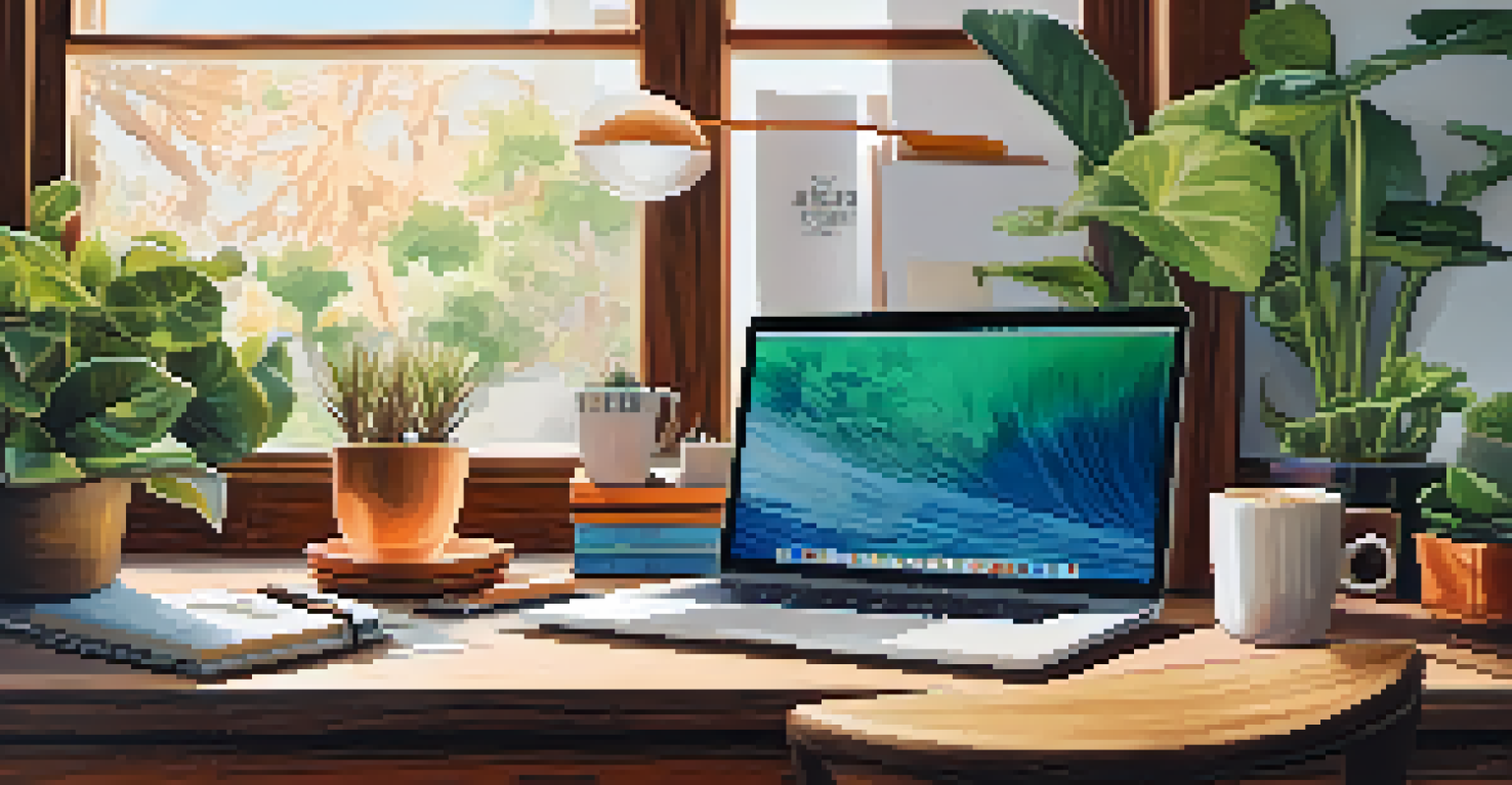 A freelancer's desk in Los Angeles with a laptop, sketchbook, and coffee cup, illuminated by soft sunlight, showcasing a creative workspace.