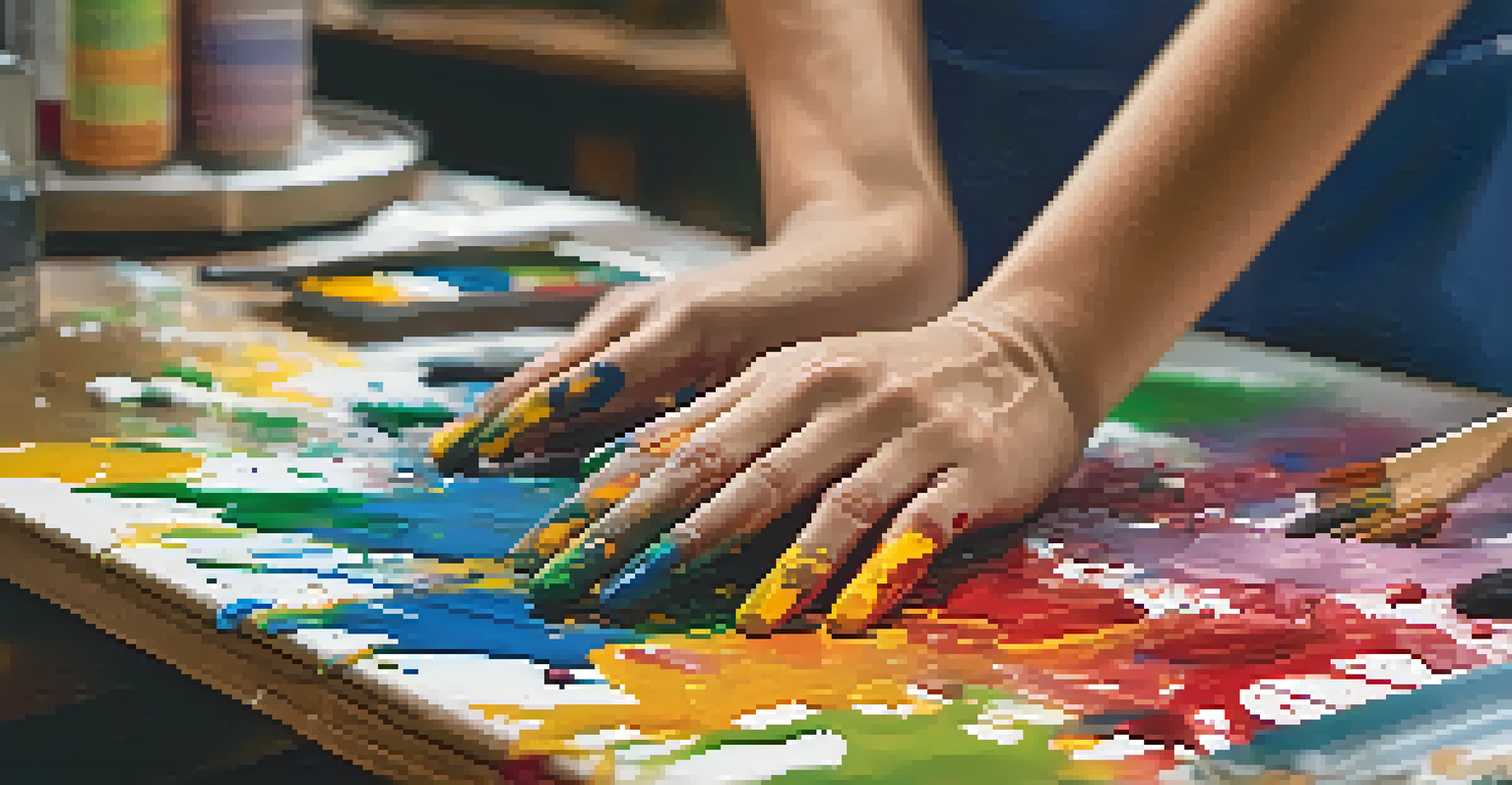A close-up of an artist's hands mixing vibrant paint on a palette, emphasizing the creativity and passion of grassroots arts funding.