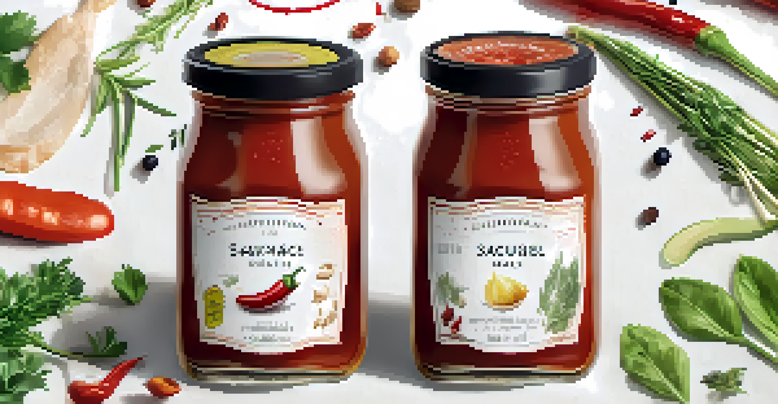 A close-up of a bottle of artisanal sauce with a modern label, surrounded by fresh herbs and spices, highlighting the innovative nature of culinary collaborations.