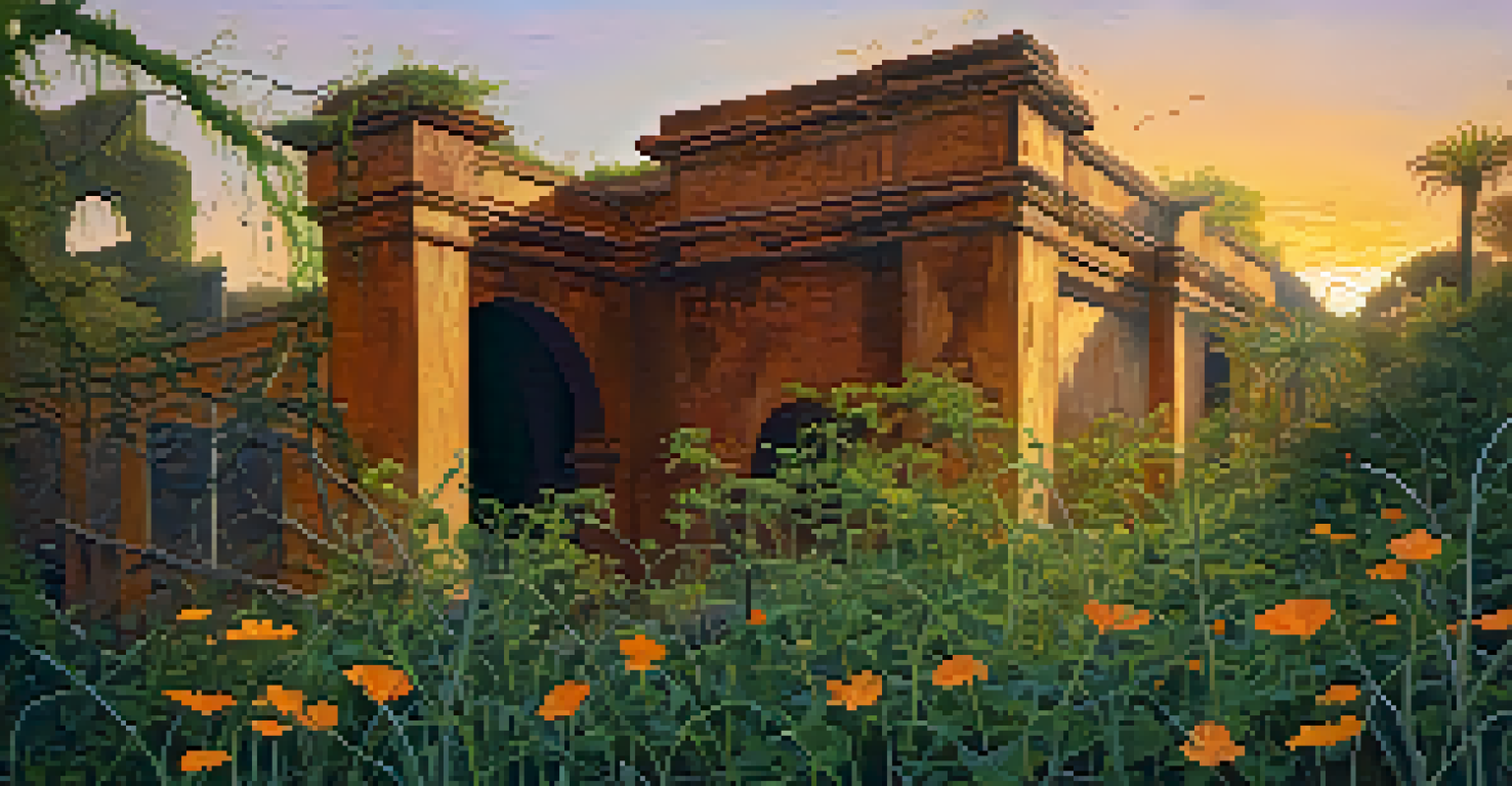The ruins of the Old LA Zoo with crumbling enclosures and wildflowers, illuminated by the setting sun, with a ghostly silhouette in the distance.