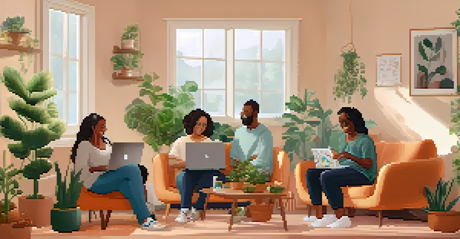 An intimate online support group session in a warmly lit living room with diverse individuals sharing experiences around a laptop.