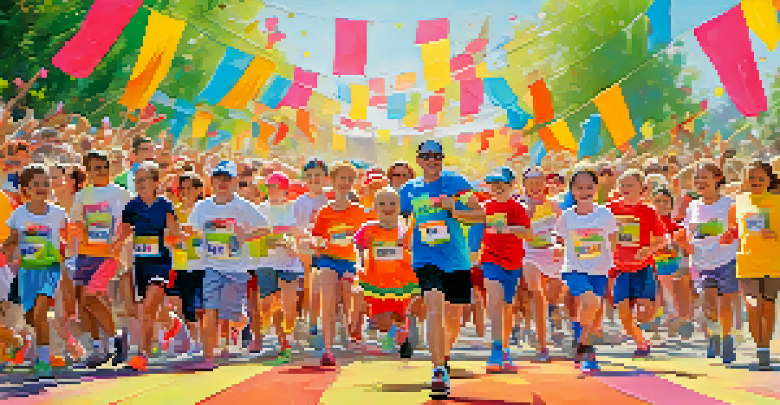 Participants of a charity fun run running together on a sunny day, with colorful costumes and cheering spectators.