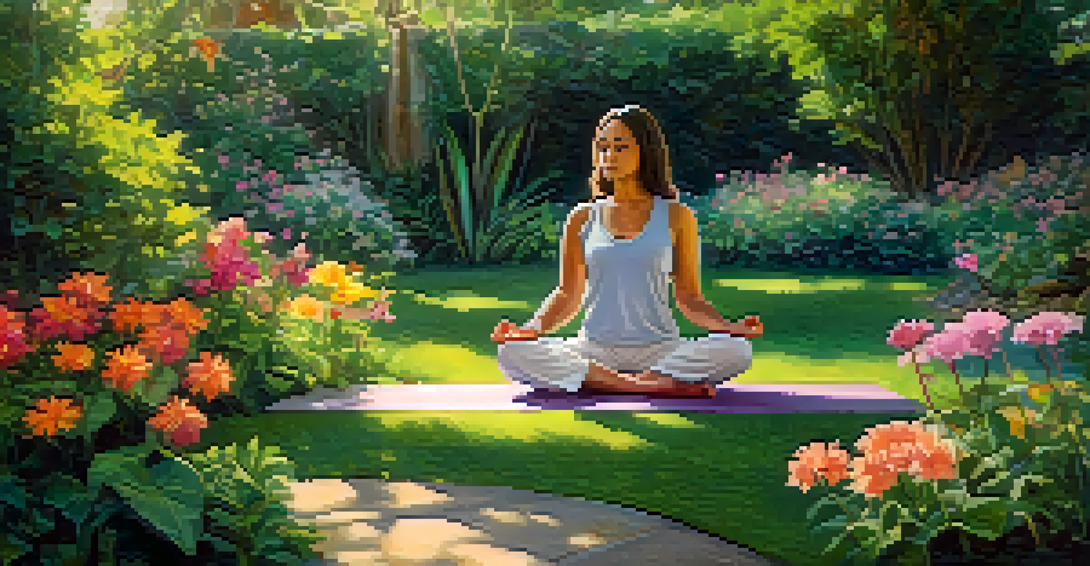 A peaceful meditation scene in a garden, featuring a person on a yoga mat surrounded by flowers and greenery, with sunlight filtering through leaves.