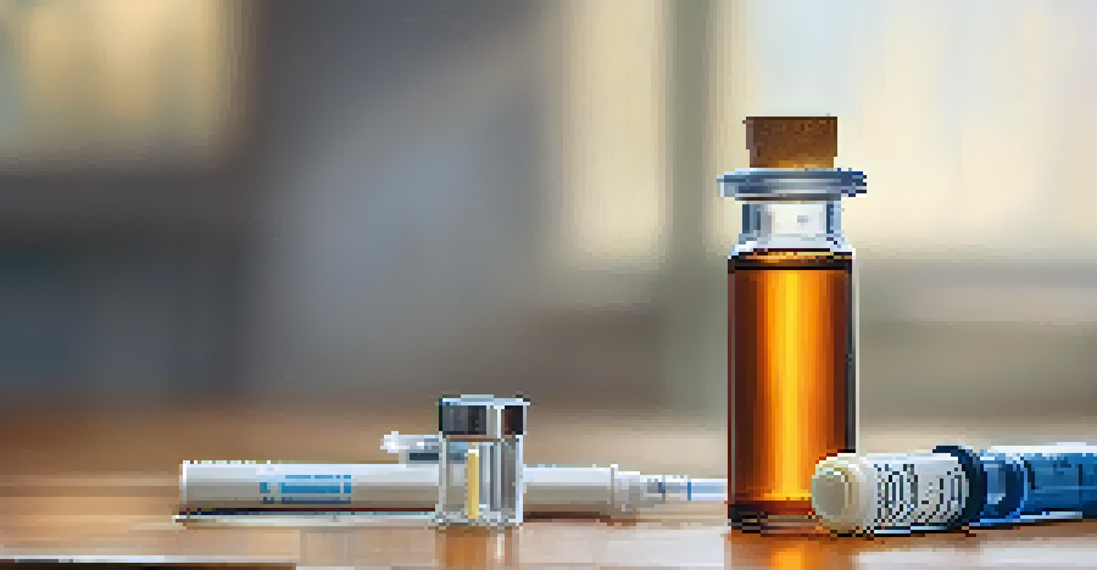 A close-up view of a vaccine vial, syringe, and stethoscope on a wooden table, with soft lighting emphasizing the details.