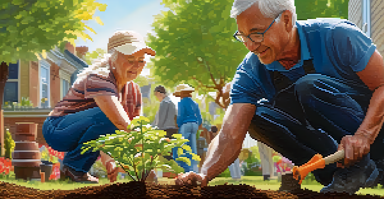 A community member planting a small tree in a neighborhood garden, surrounded by supportive neighbors and flowers.