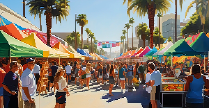An outdoor art festival in Los Angeles with artists painting murals and people enjoying the event under bright sunlight.