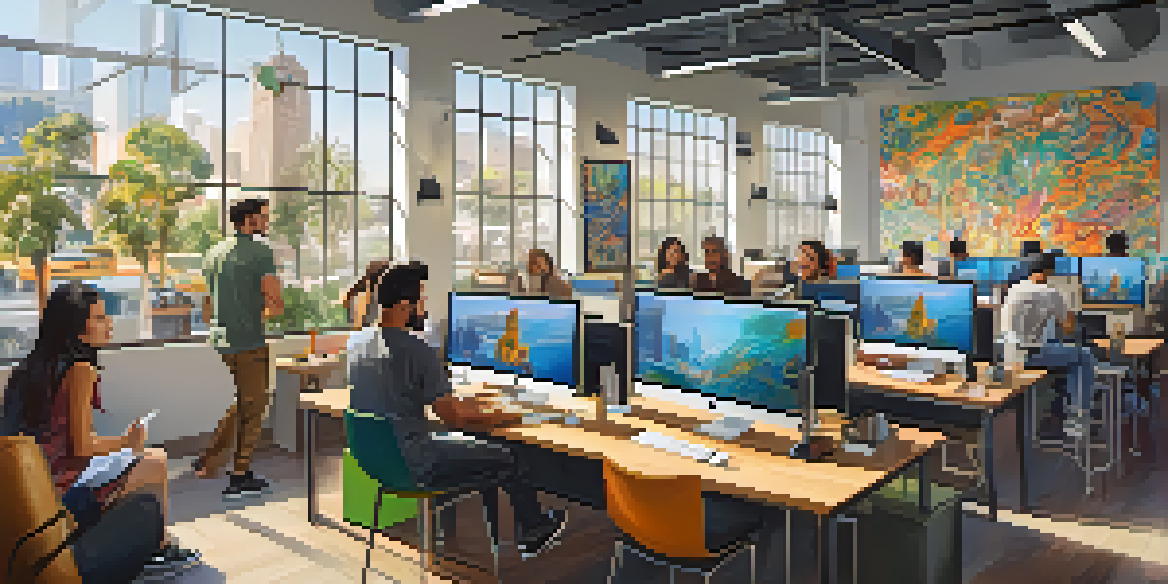 A vibrant office scene with diverse entrepreneurs working together in a sunny Los Angeles tech startup.