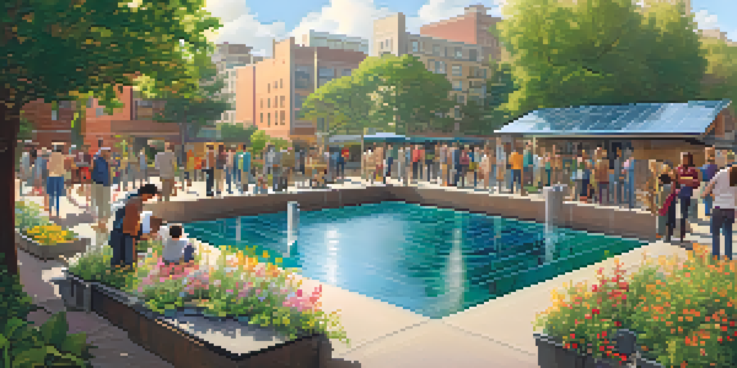 A community gathering around a rainwater harvesting system in a city, with diverse residents and colorful plants.