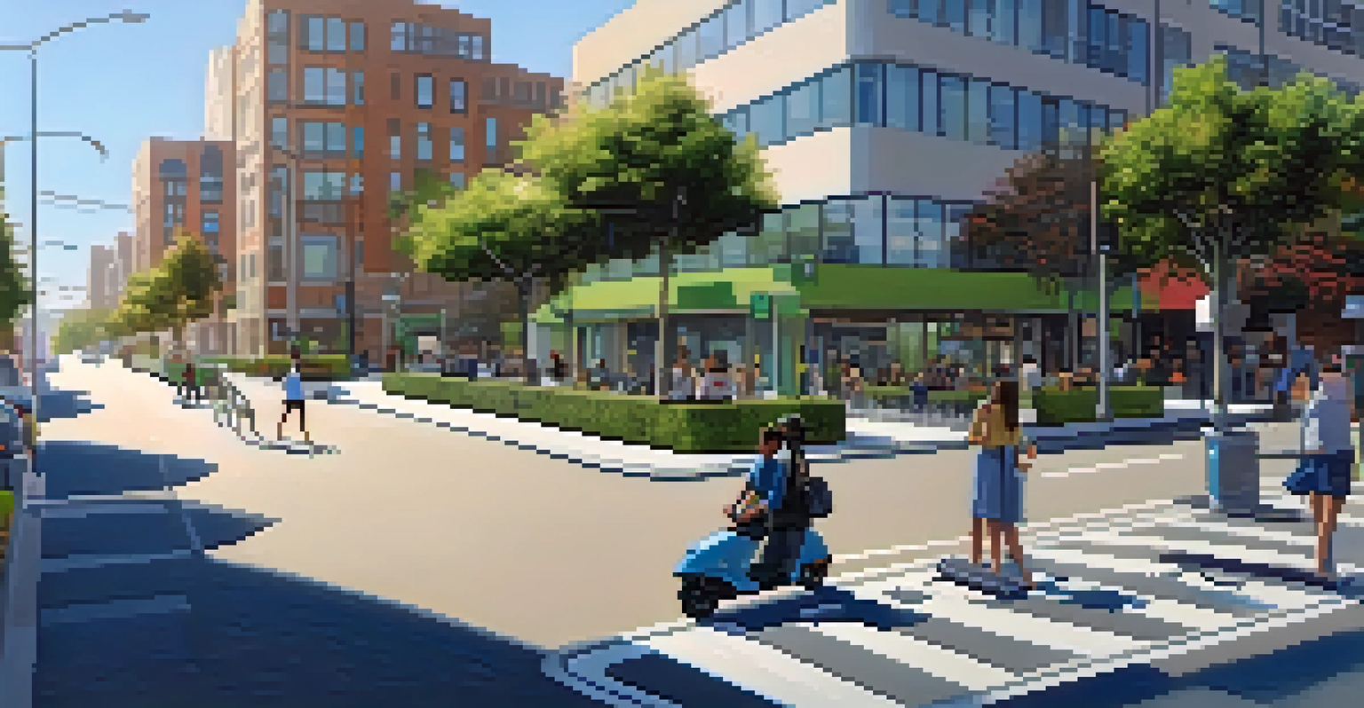 A contemporary street scene in Los Angeles showcasing bike lanes and solar-powered features, with people walking among sustainable architecture.