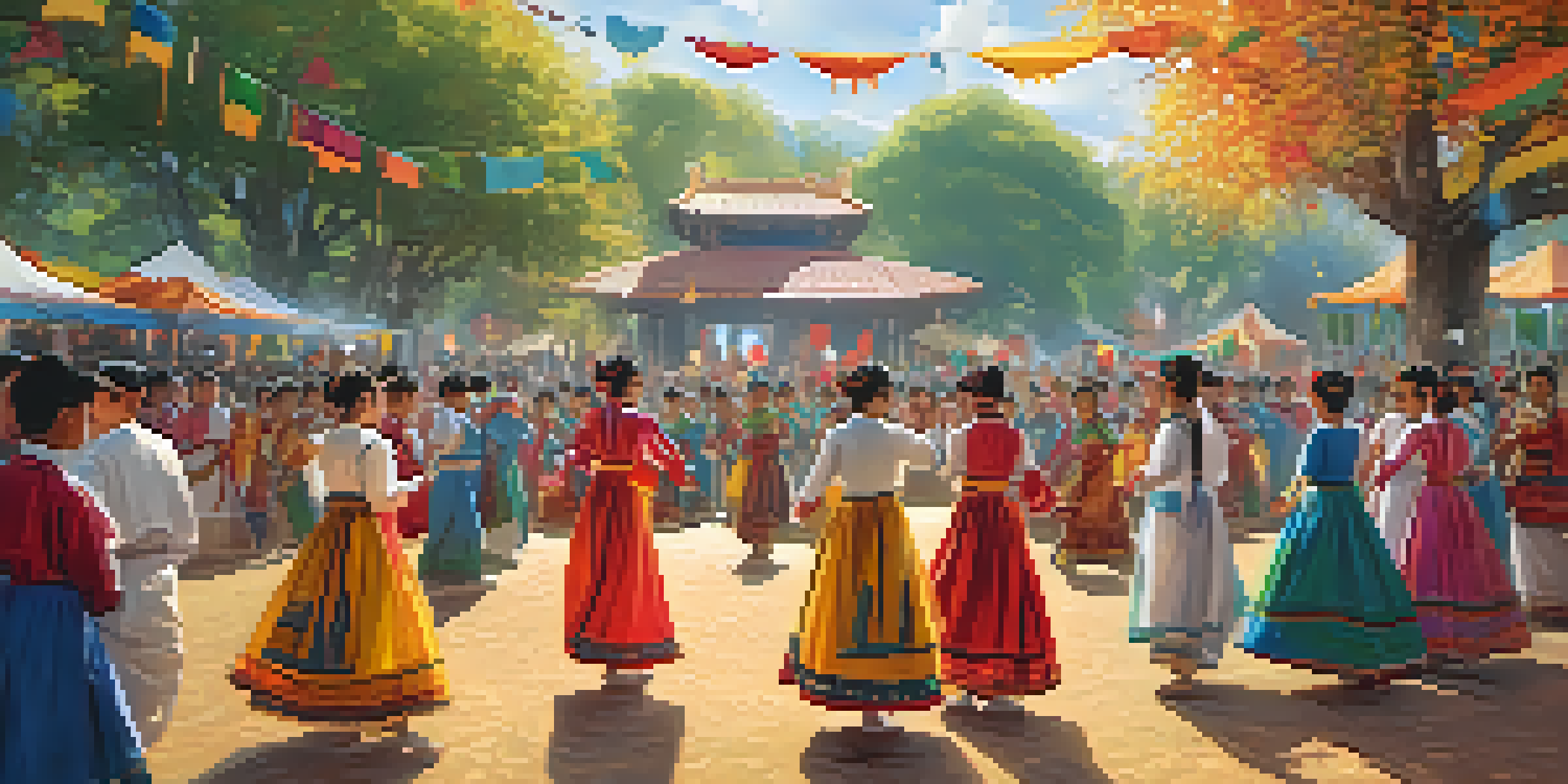 A lively cultural festival with young performers in traditional costumes dancing, surrounded by colorful decorations and an engaged audience under warm sunlight.