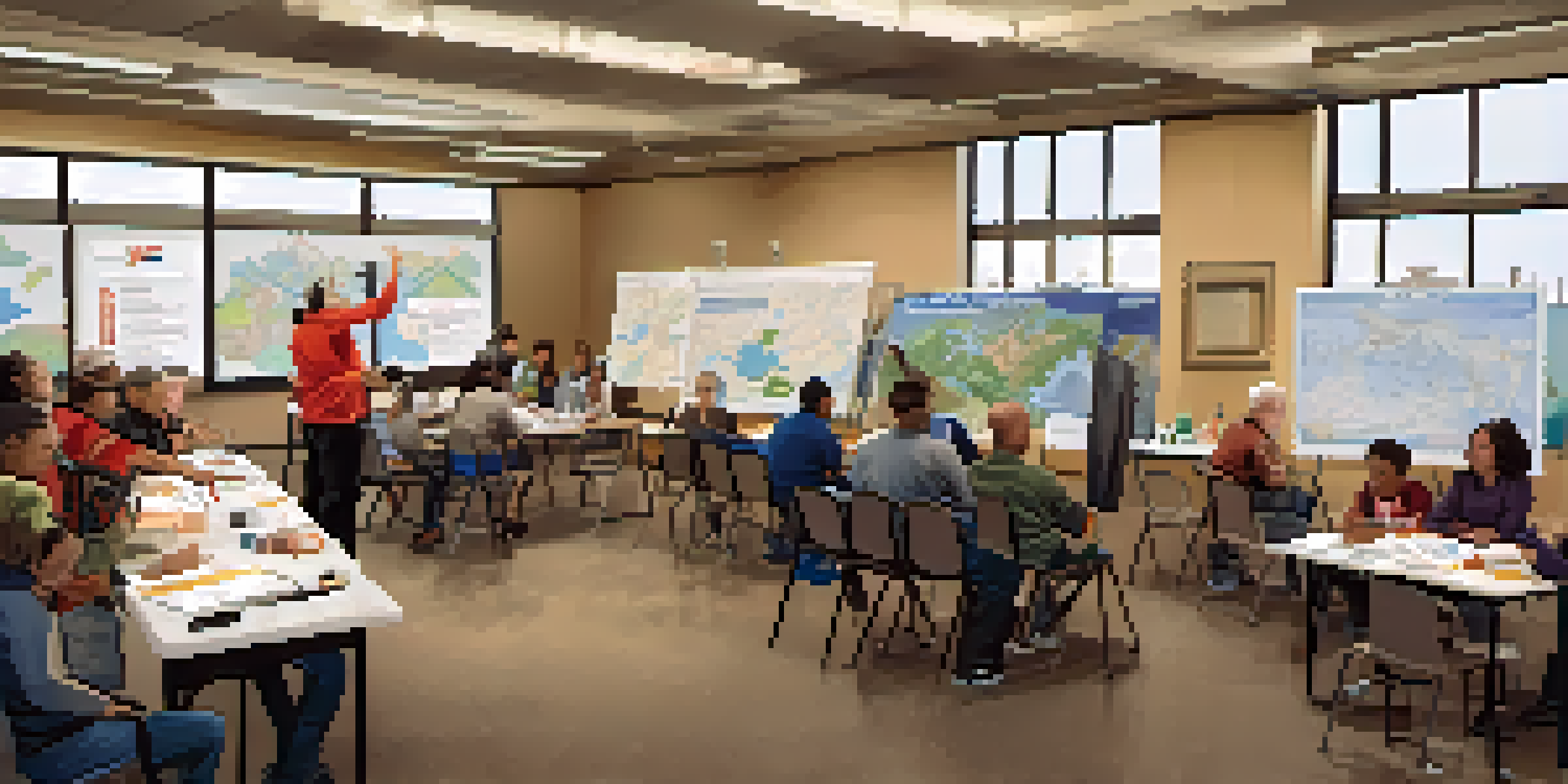 A diverse group of community members participating in a disaster preparedness workshop with maps and emergency supplies.