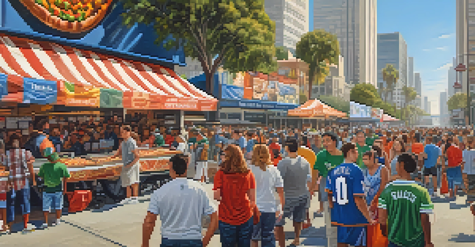 A lively Los Angeles street on game day with diverse fans, food vendors, and a large screen showing game highlights.