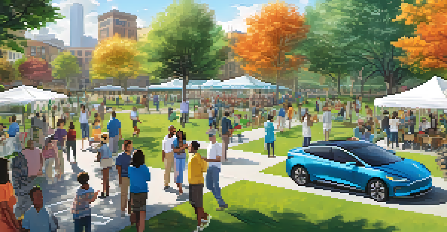Residents participating in a community event about autonomous vehicles in a vibrant park setting.