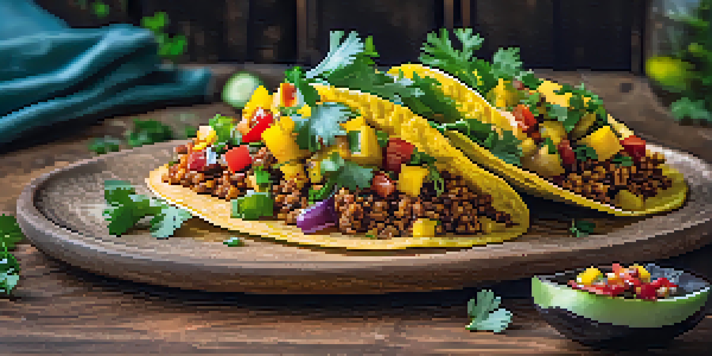A vibrant taco made with jackfruit and topped with mango salsa, showcasing a variety of colors and textures.