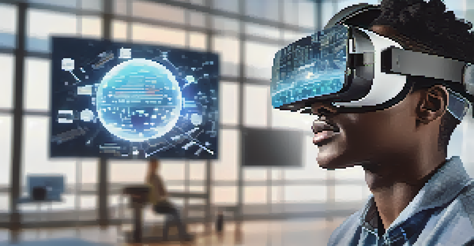 A student wearing a VR headset, immersed in a digital learning environment with holographic images of code and data analysis around them.