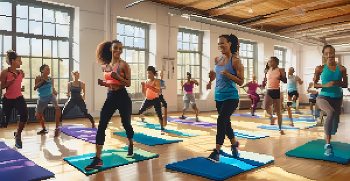 A lively fitness class with diverse participants exercising together in a bright studio, led by an enthusiastic instructor.
