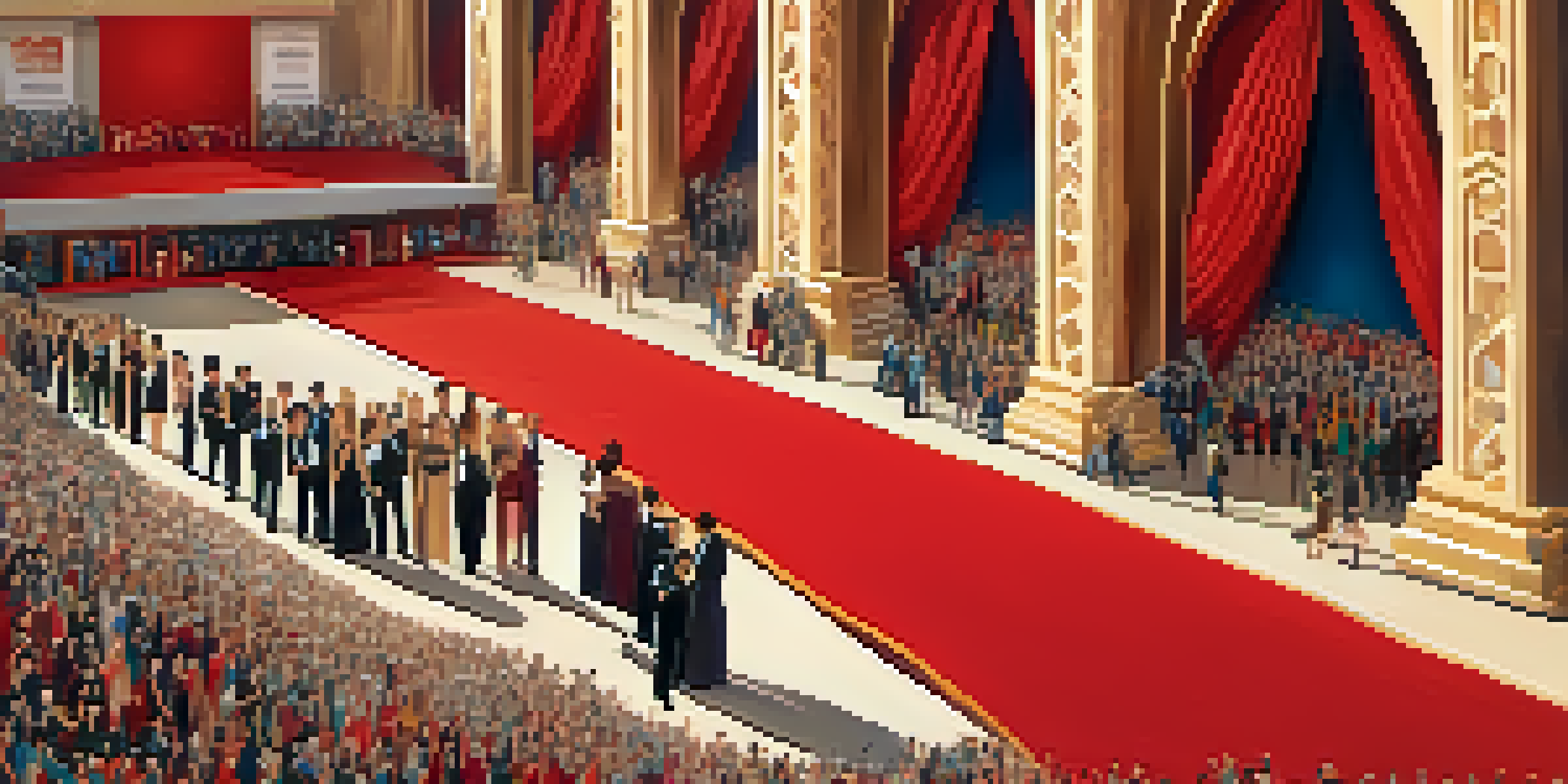 A red carpet event at an international film festival with actors posing for photos against an elegantly lit venue.