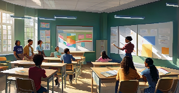 A vibrant classroom scene where students are collaborating in groups while a teacher guides them, with bright natural light illuminating the space.