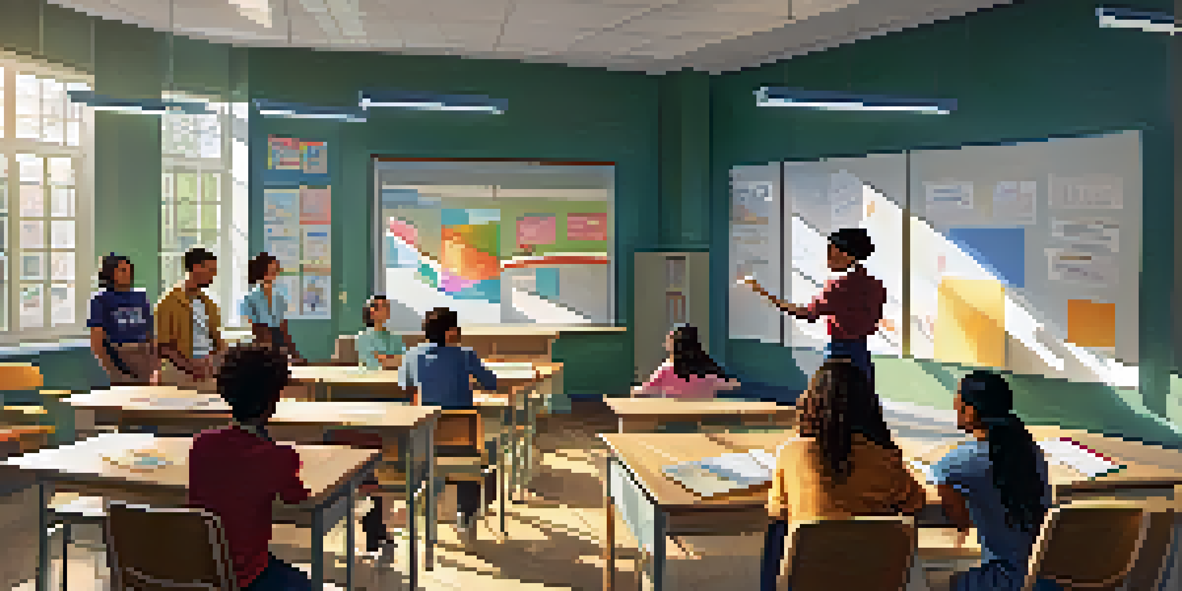 A vibrant classroom scene where students are collaborating in groups while a teacher guides them, with bright natural light illuminating the space.