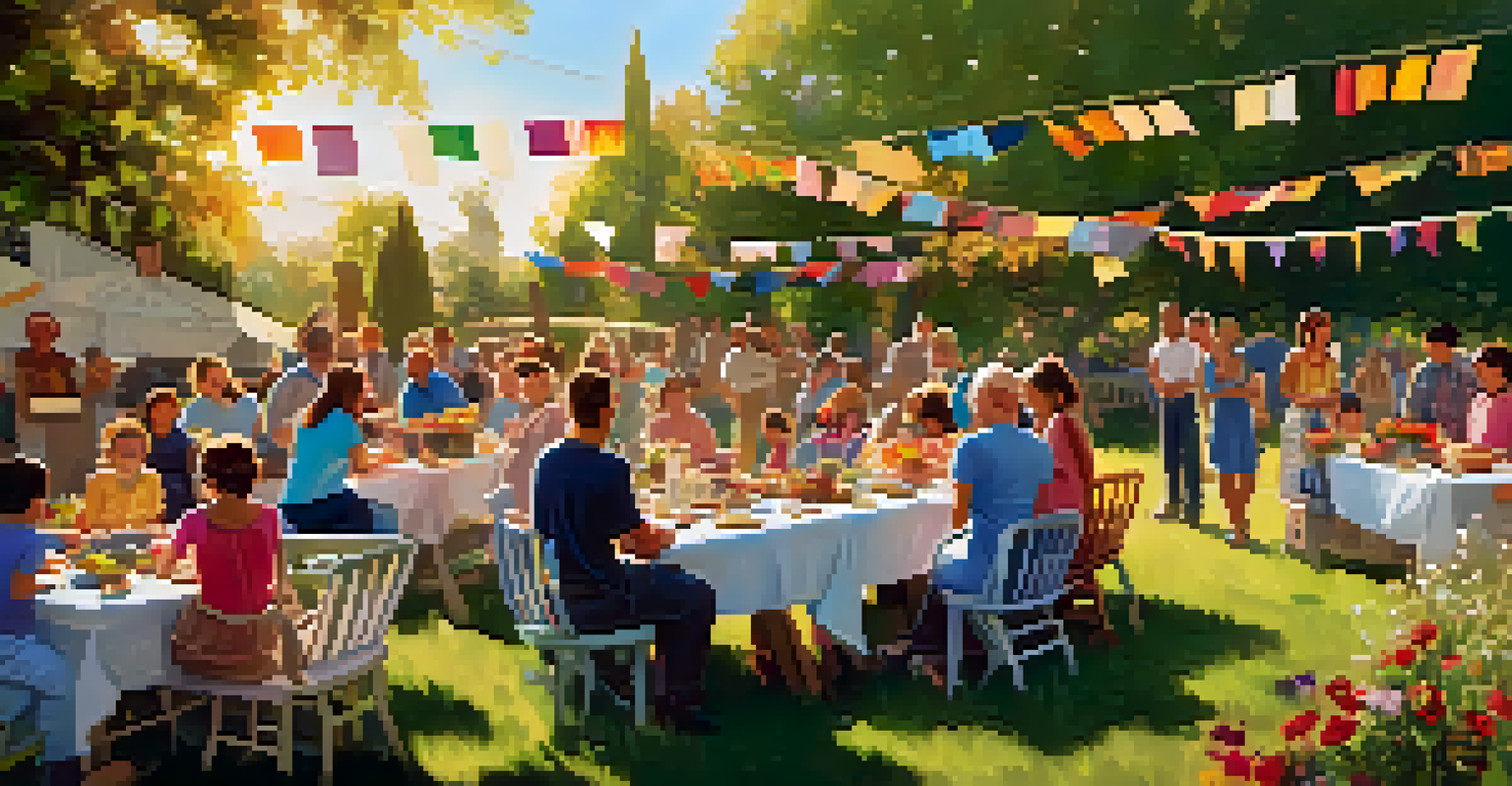 A community potluck event in a garden, with families enjoying homemade dishes and children playing in the warm sunlight.