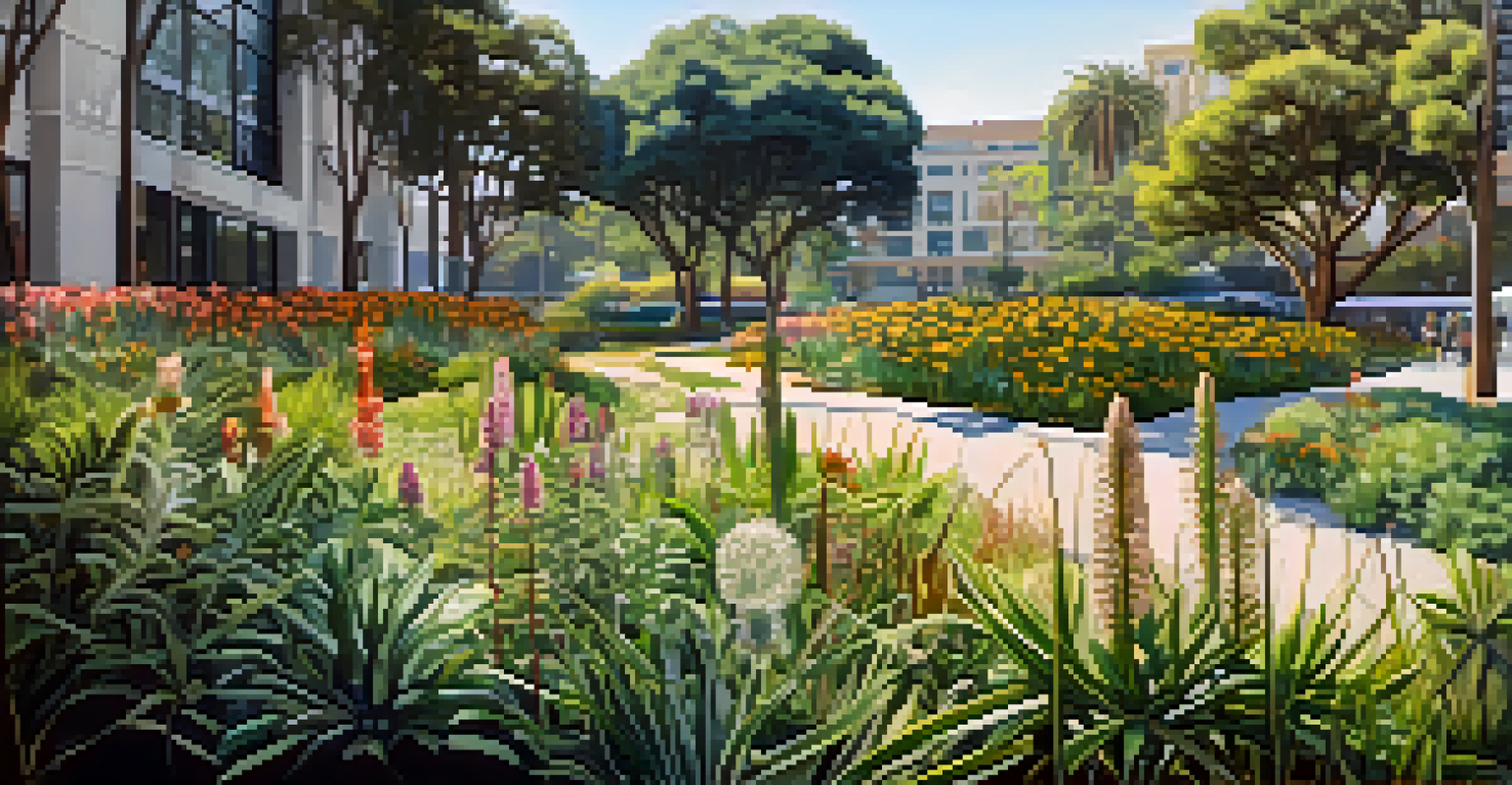 A close-up of vibrant native plants in a park in Los Angeles with urban buildings in the background and a butterfly.