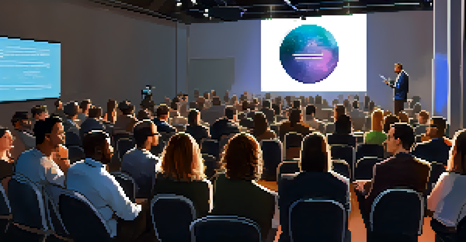 A lively blockchain incubator event in Los Angeles with entrepreneurs presenting to an engaged audience, surrounded by technology and innovation.