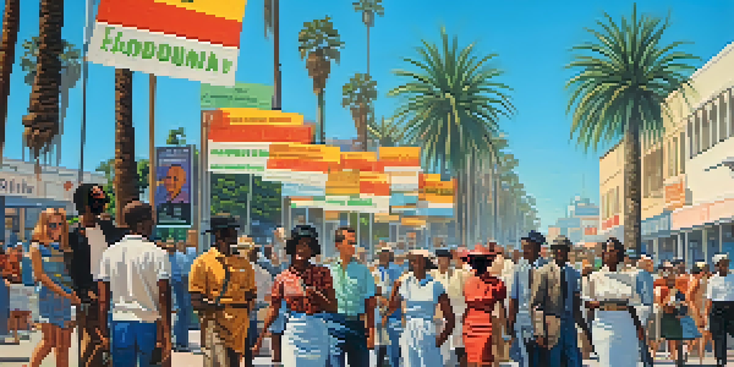 A historical street scene in Los Angeles with activists holding banners for civil rights, surrounded by palm trees and sunny skies.