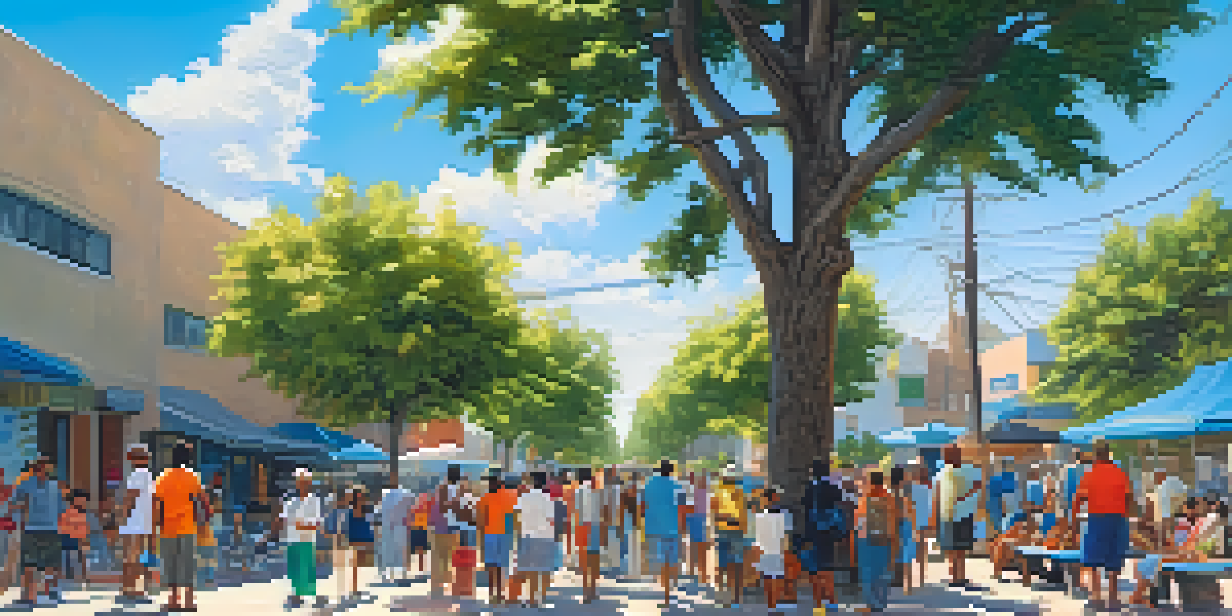 A busy street in Los Angeles during a heat wave, with people seeking shade and a cooling center nearby.