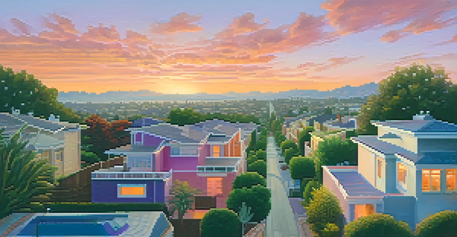 Aerial view of a residential neighborhood in Los Angeles at sunset with colorful skies and greenery surrounding the houses.