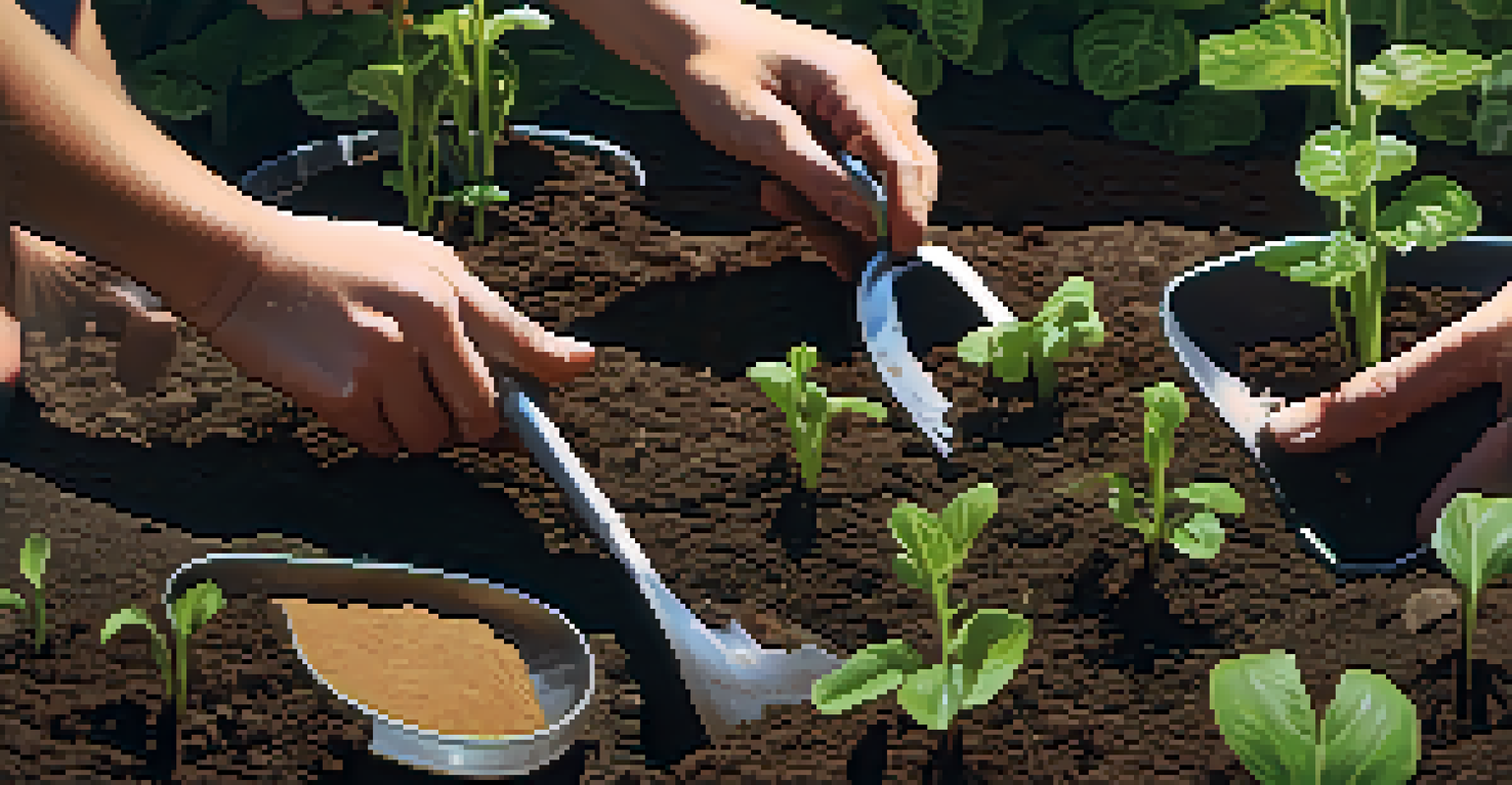 Close-up of hands planting seedlings in soil, surrounded by gardening tools, under bright sunlight.