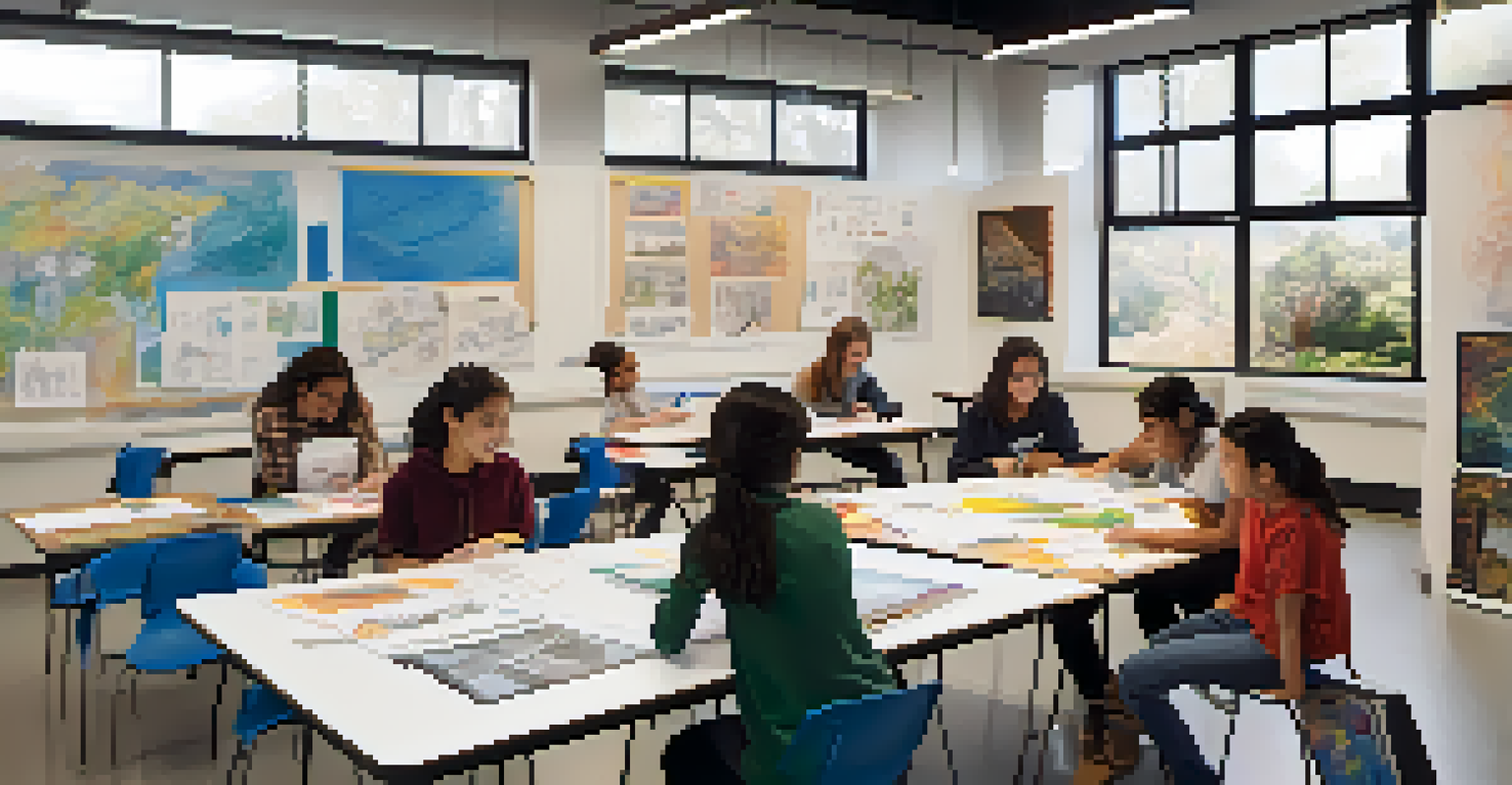 A collaborative classroom in Los Angeles where diverse students are working together on a project, surrounded by educational posters and prototypes.