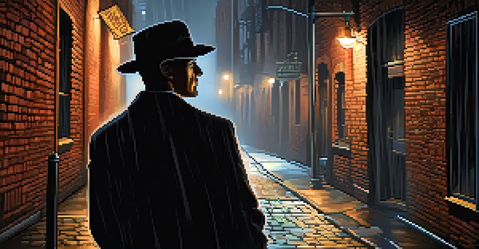 A film noir scene in a dimly lit alley with a shadowy figure in a fedora and reflective pavement.