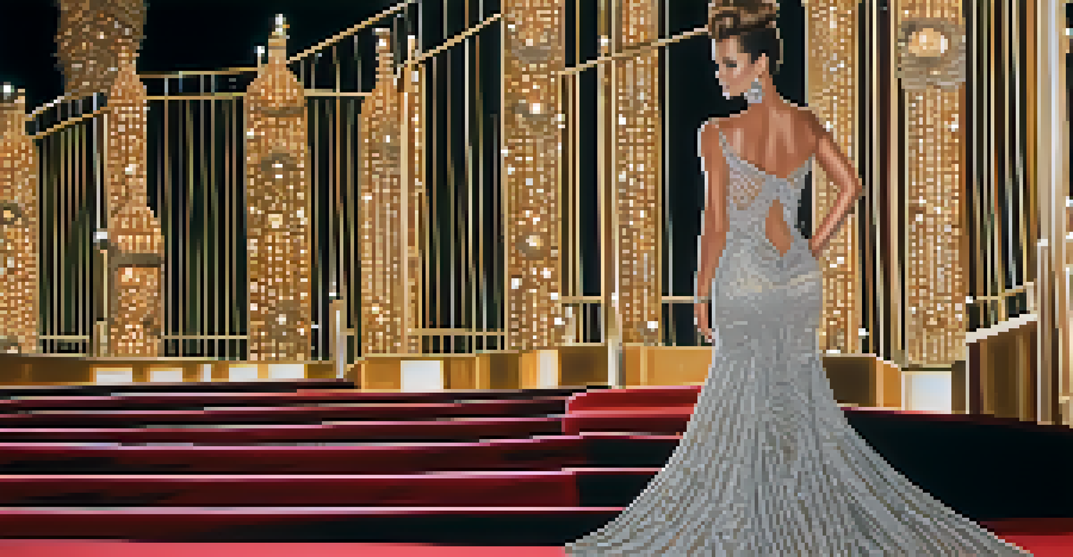 A celebrity in an elegant gown at a red carpet event, with camera flashes and intricate beadwork visible.