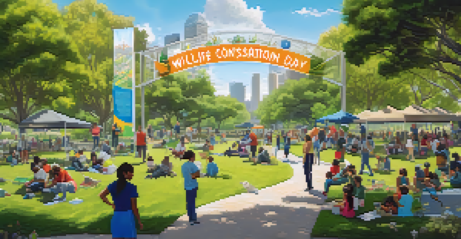 A community conservation event in an urban Los Angeles park, with people planting plants and cleaning up, under a banner that says 'Wildlife Conservation Day'.