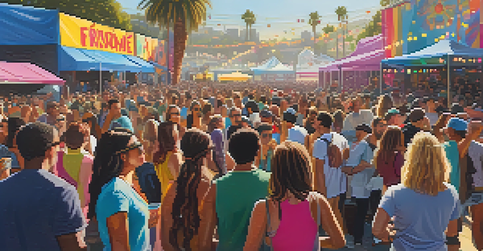 A lively outdoor music festival in Los Angeles with a diverse crowd enjoying live performances under sunny skies.
