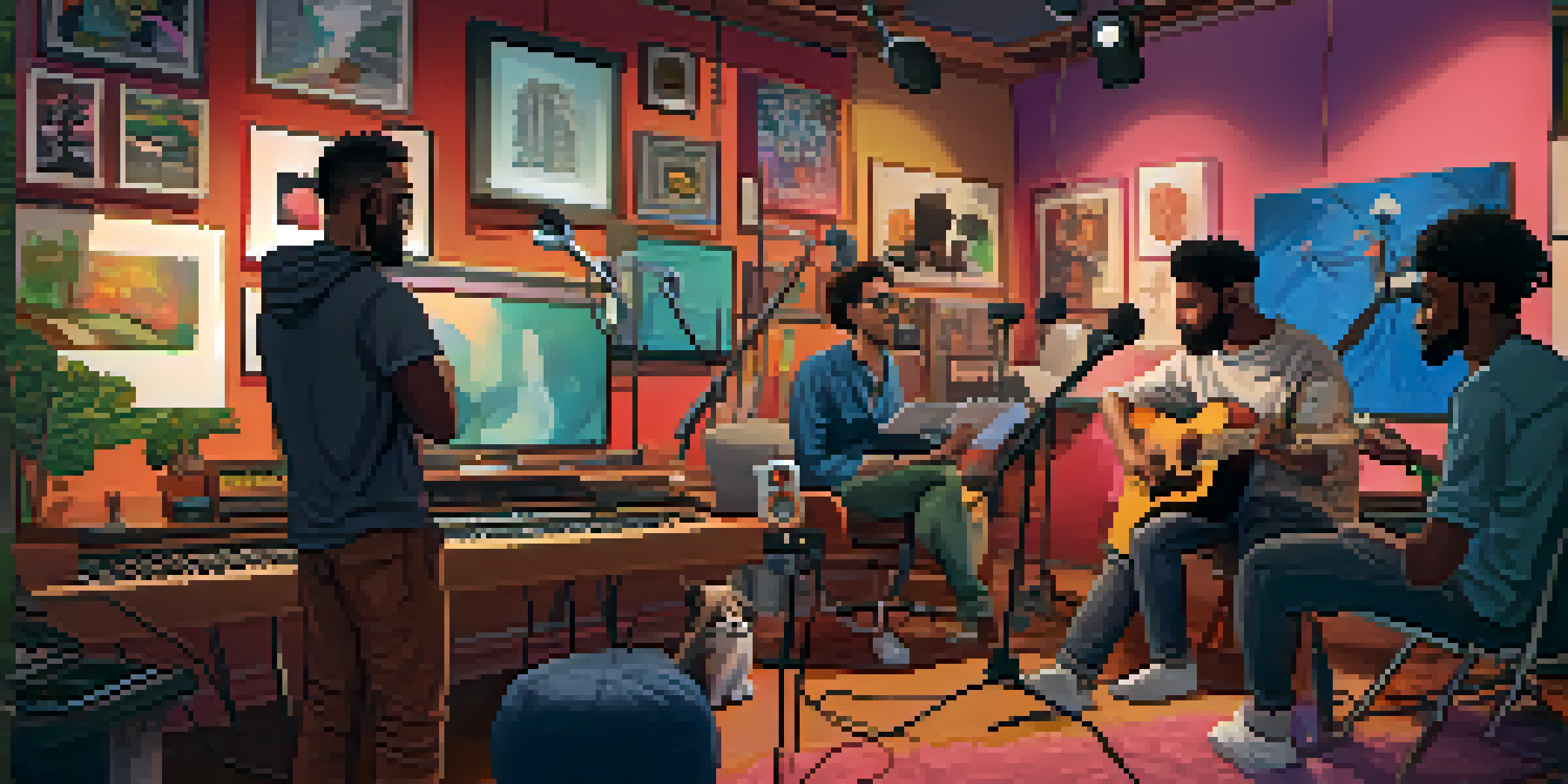 A group of diverse artists engaged in a lively podcast recording session in a colorful studio.