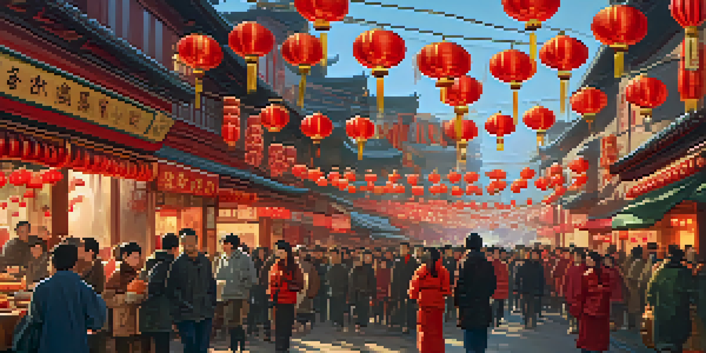 A lively Chinatown street during Lunar New Year celebrations with decorations, dragon dances, and crowds enjoying the festivities.