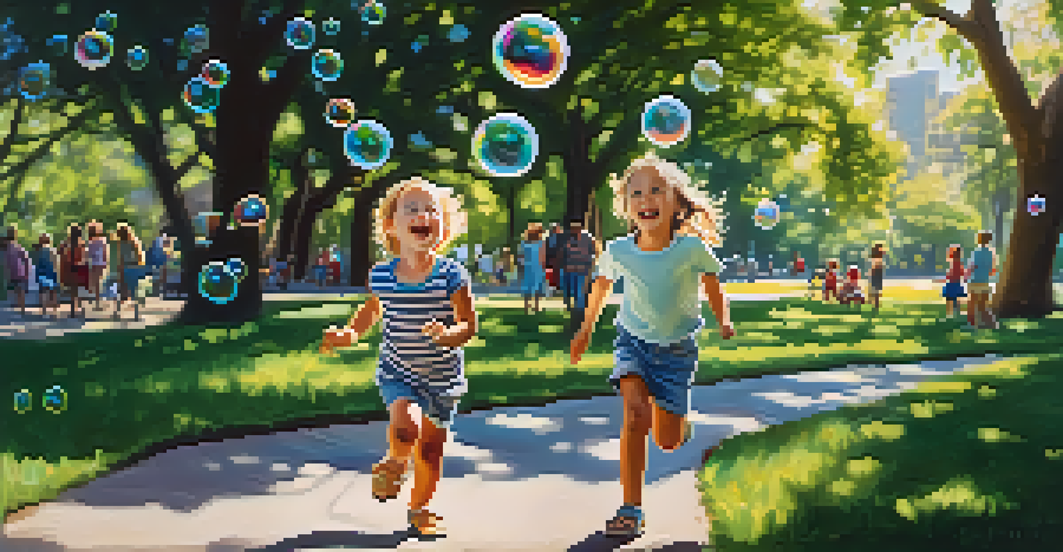 A child chasing bubbles in a park, surrounded by greenery and smiling parents.