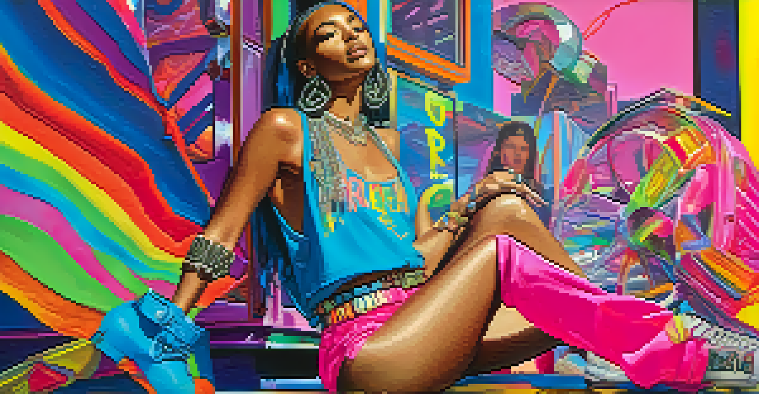 A close-up of colorful rave fashion with neon outfits and accessories showcasing the playful spirit of rave culture.