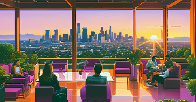 A colorful sunset over the Los Angeles skyline with modern buildings and Hollywood landmarks, featuring diverse young entrepreneurs discussing in a park-like setting.