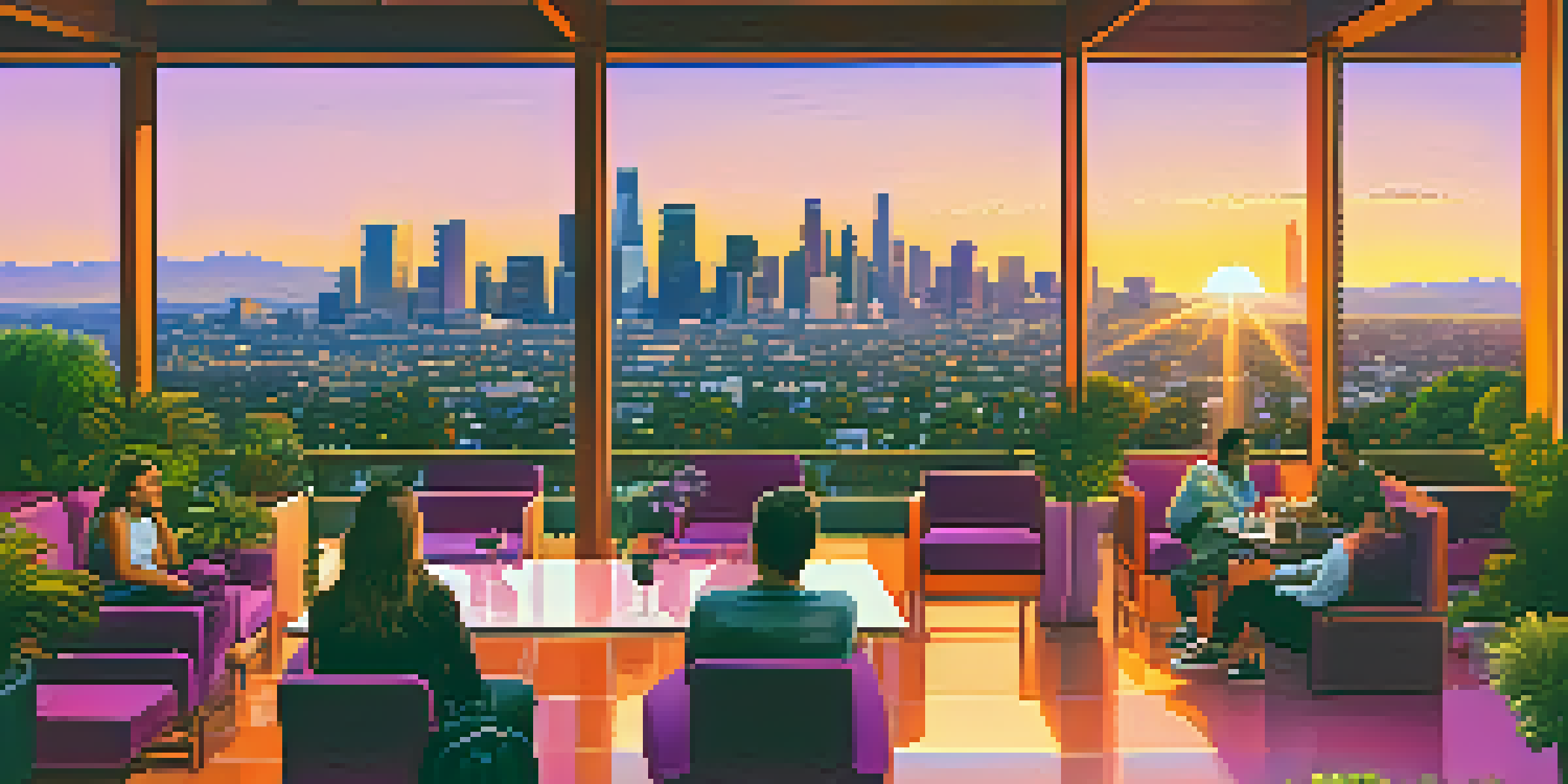 A colorful sunset over the Los Angeles skyline with modern buildings and Hollywood landmarks, featuring diverse young entrepreneurs discussing in a park-like setting.
