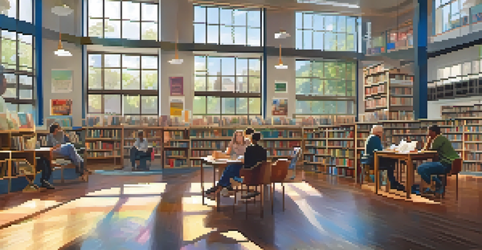 A colorful library scene with diverse people reading and discussing, illuminated by sunlight.