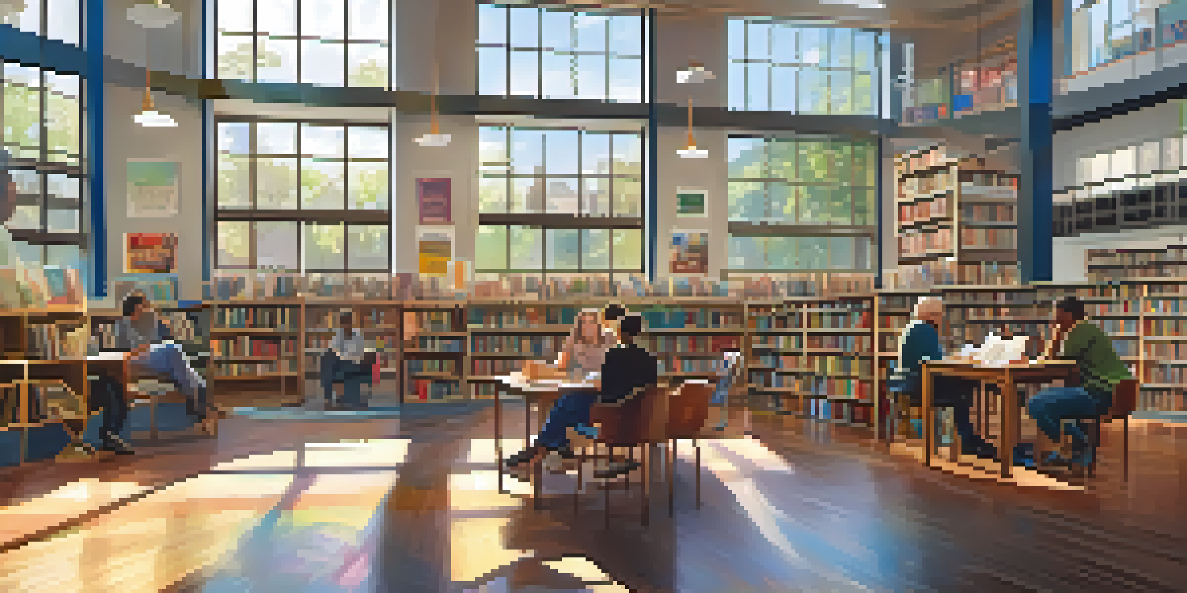 A colorful library scene with diverse people reading and discussing, illuminated by sunlight.