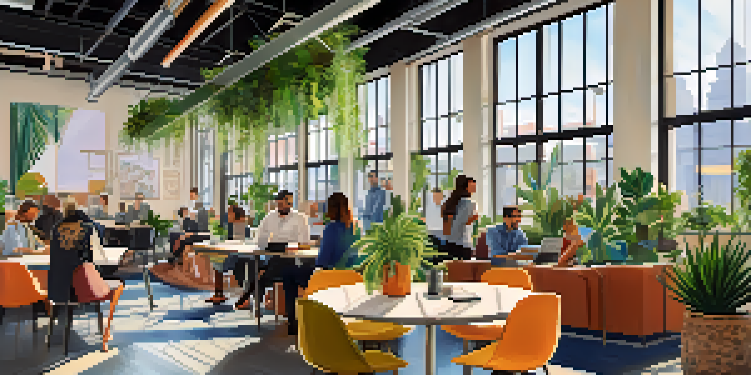 A lively co-working space in Los Angeles where diverse professionals are collaborating on projects, surrounded by colorful artwork and greenery.