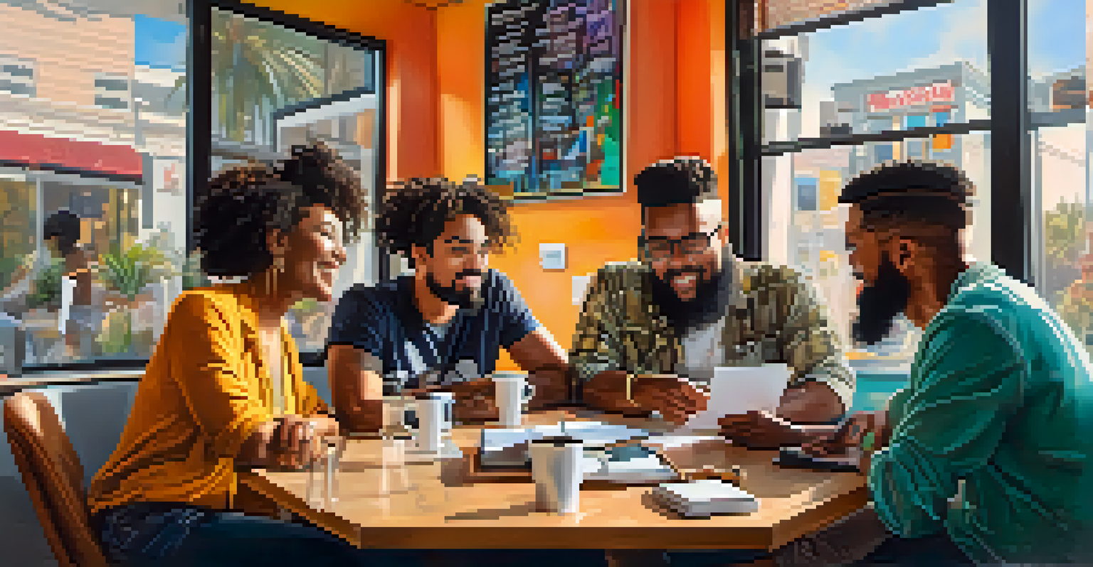A diverse group of podcasters collaborating at a café, engaged in discussion with coffee and notepads.