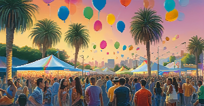 A lively music festival in Los Angeles with a diverse crowd enjoying live performances, colorful decorations, and food stalls, illuminated by a warm sunset.
