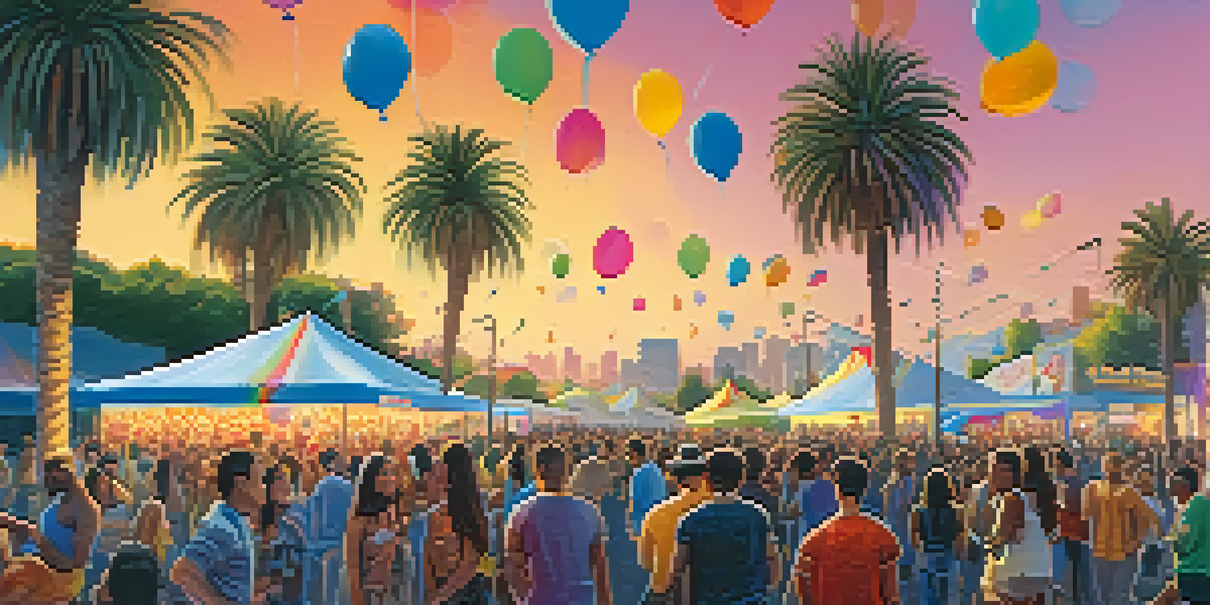 A lively music festival in Los Angeles with a diverse crowd enjoying live performances, colorful decorations, and food stalls, illuminated by a warm sunset.