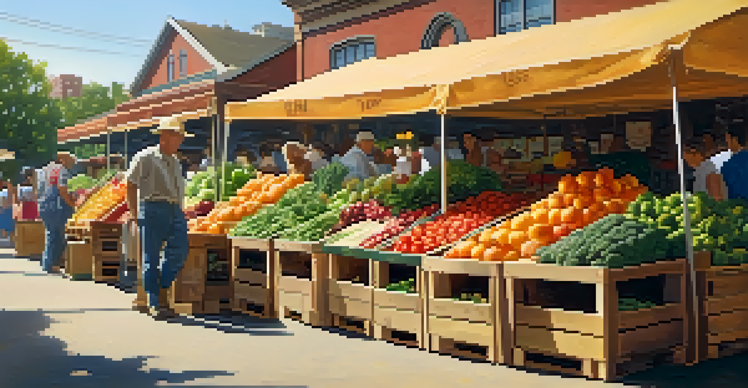 A colorful display of fresh organic fruits and vegetables at a farmer's market with sunlight streaming down.