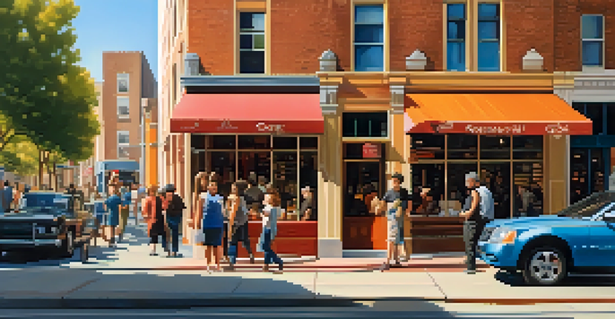 A lively urban street filled with people, featuring new cafes and art galleries amidst a mix of modern and historic architecture, under a bright blue sky.