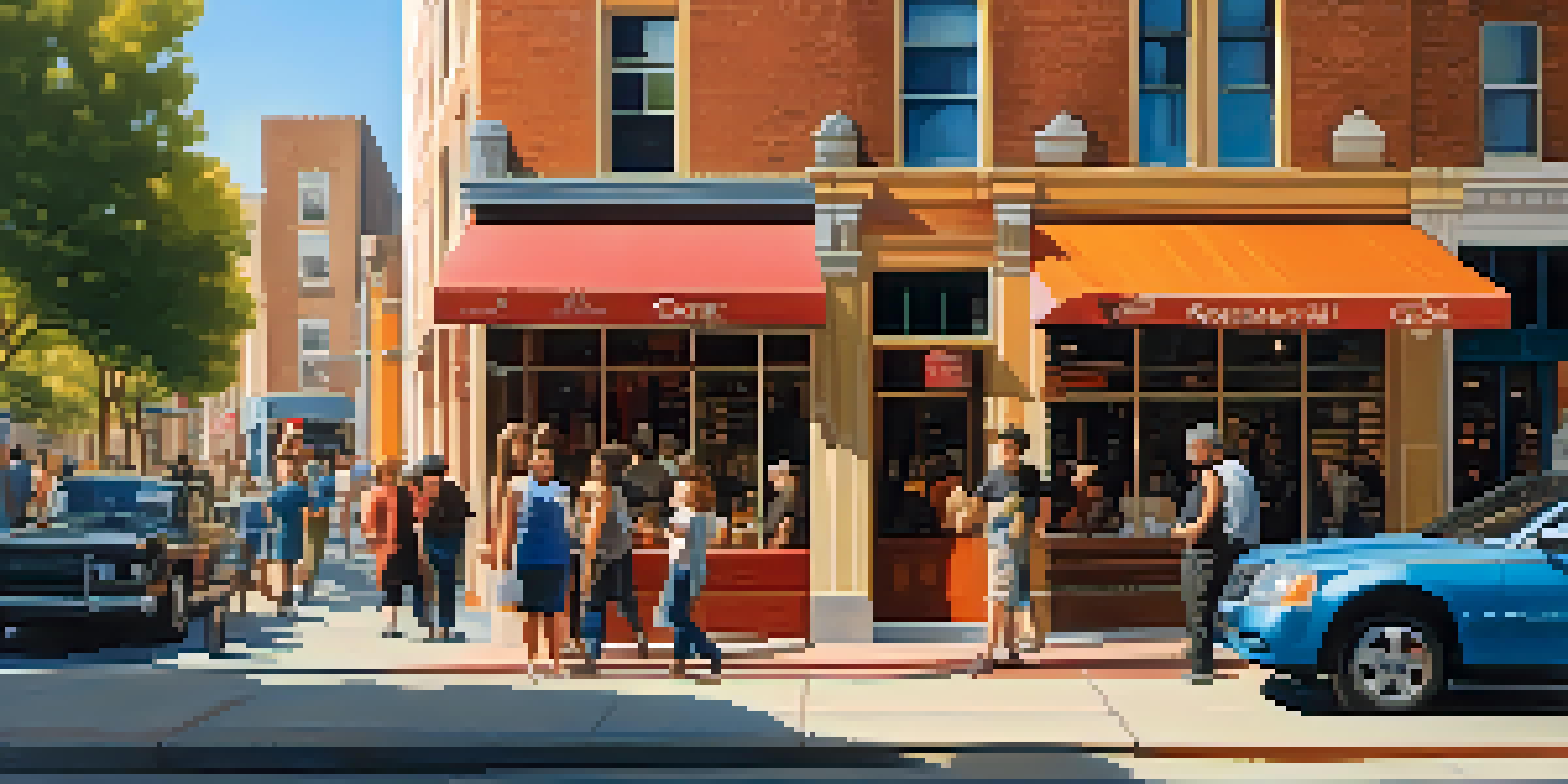 A lively urban street filled with people, featuring new cafes and art galleries amidst a mix of modern and historic architecture, under a bright blue sky.